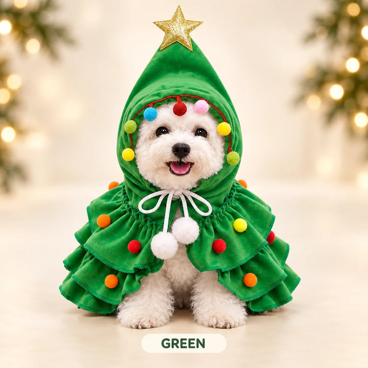 Green Christmas tree pet cape with colorful pom-poms and a gold star